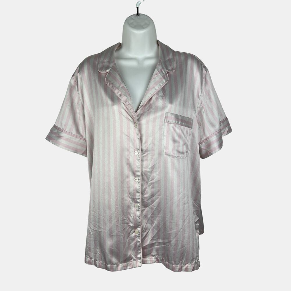 Victoria’s Secret Pink White Stripe Satin Pajama Top Large Short Sleeve Collared